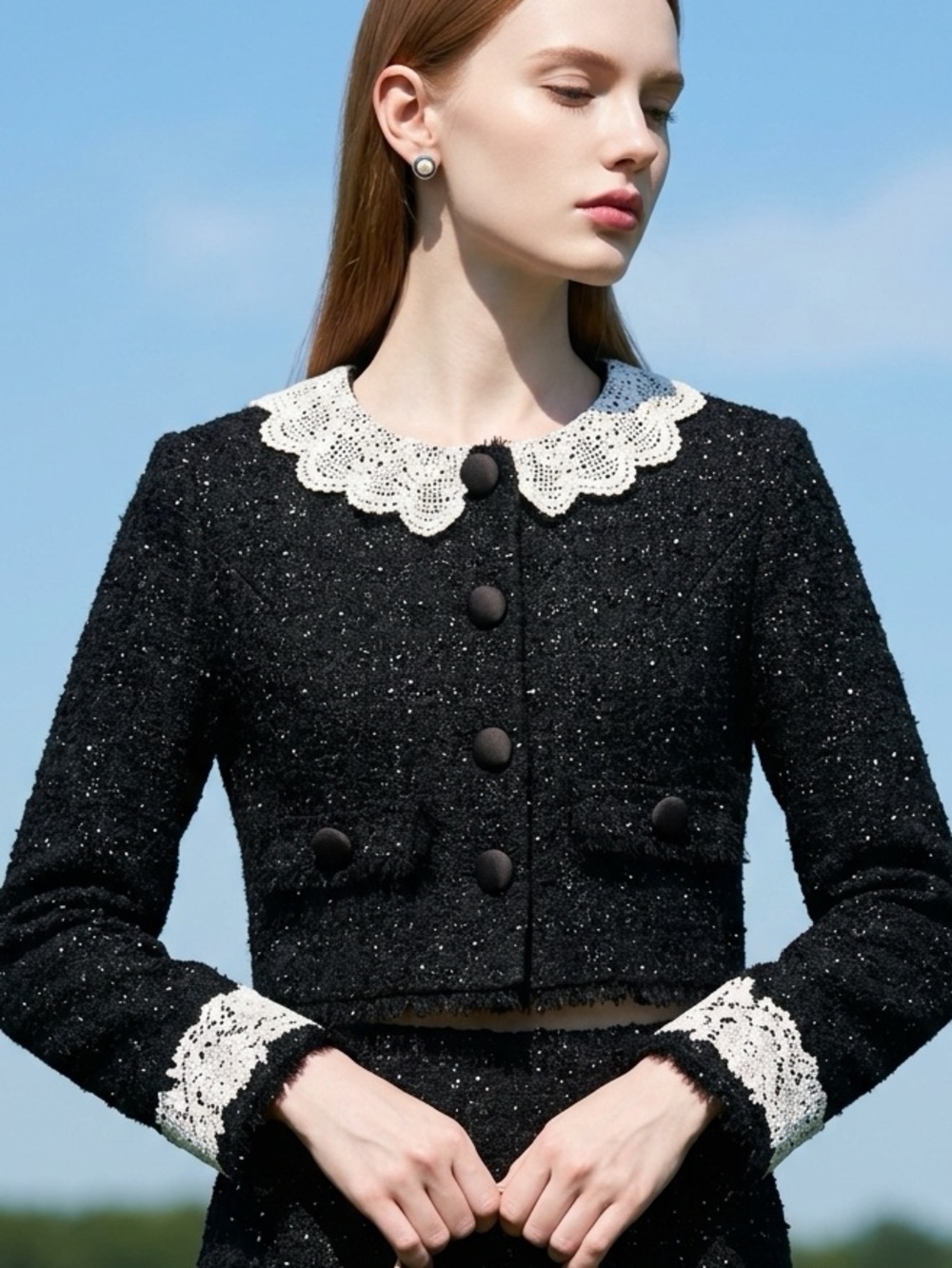 Mable Cropped Black Tweed Jacket with White Lace Collar